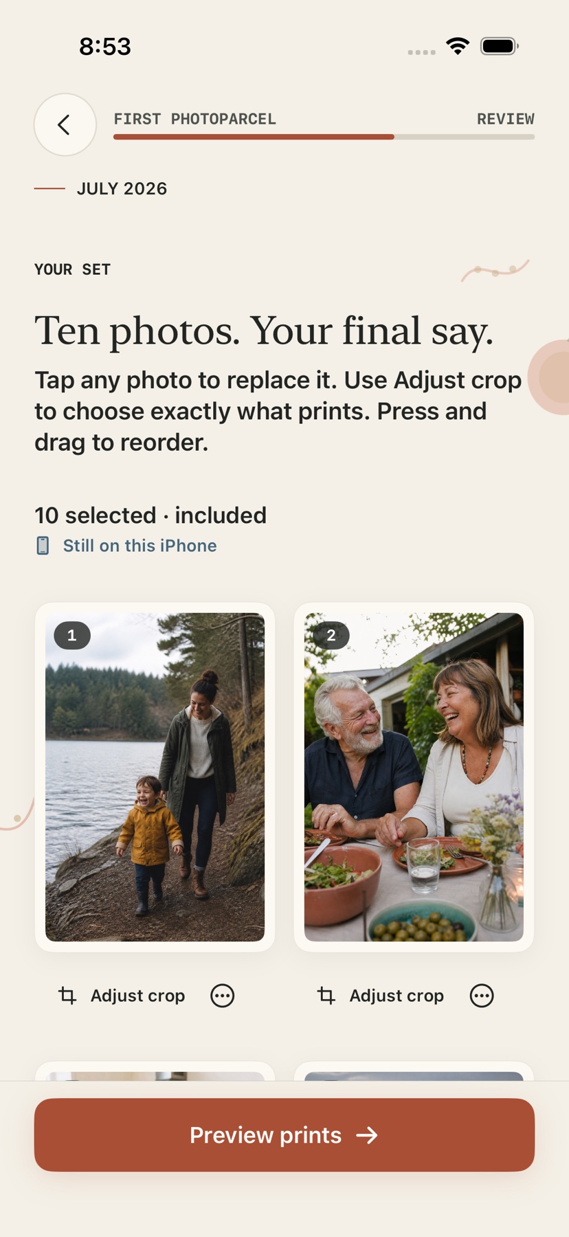 PhotoParcel review screen with ten customer photos and clear replace and crop controls
