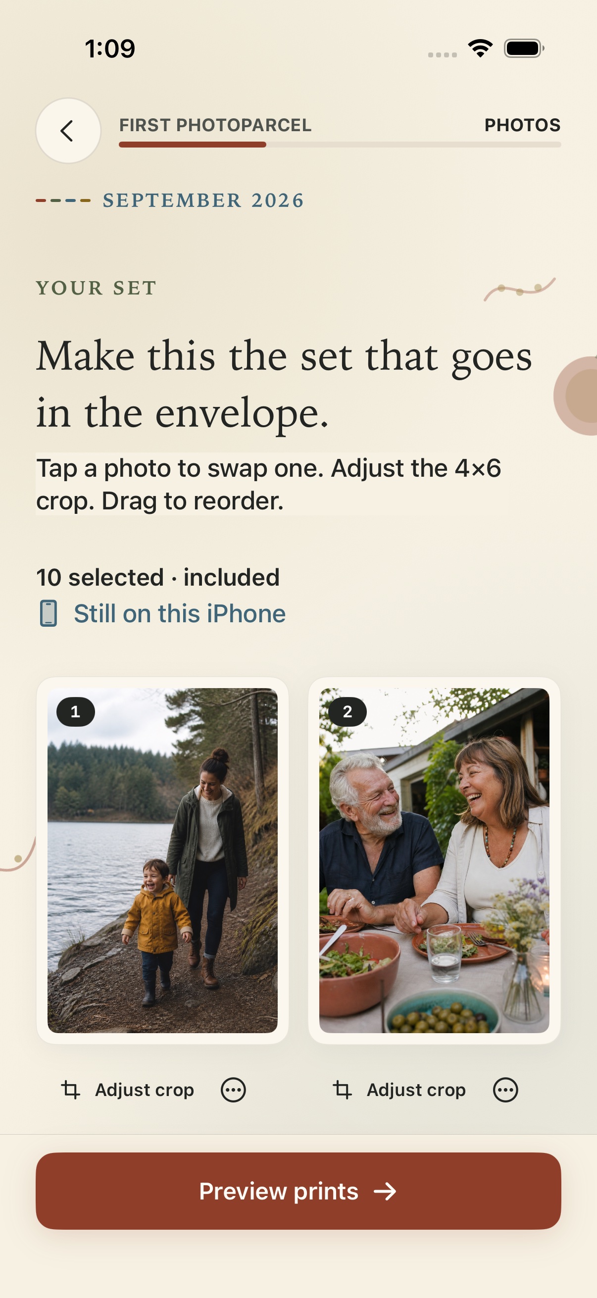 PhotoParcel review screen with ten selected photos and clear replace and crop controls
