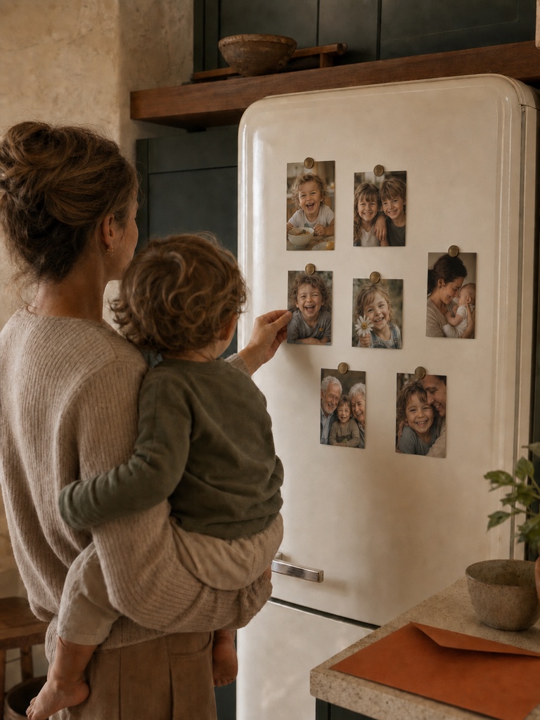 A parent and child putting family photos on a refrigerator