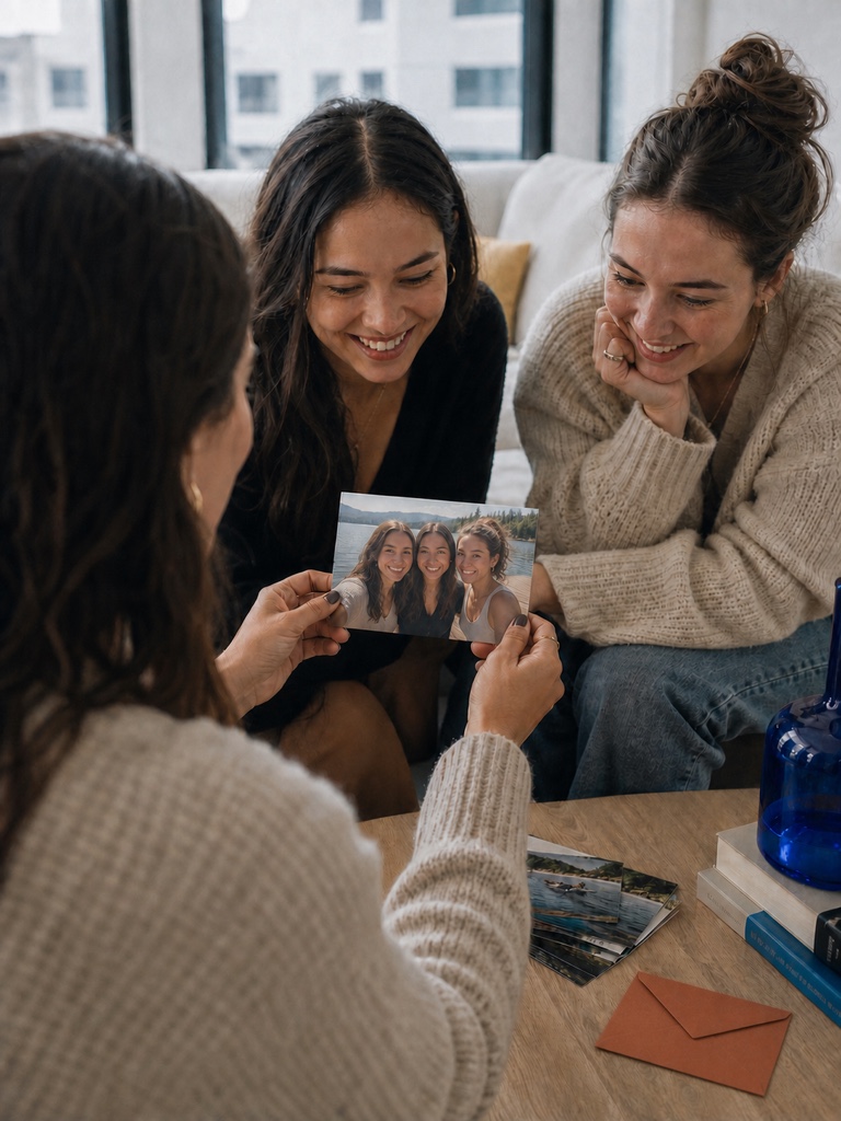 Friends looking together at a printed photo