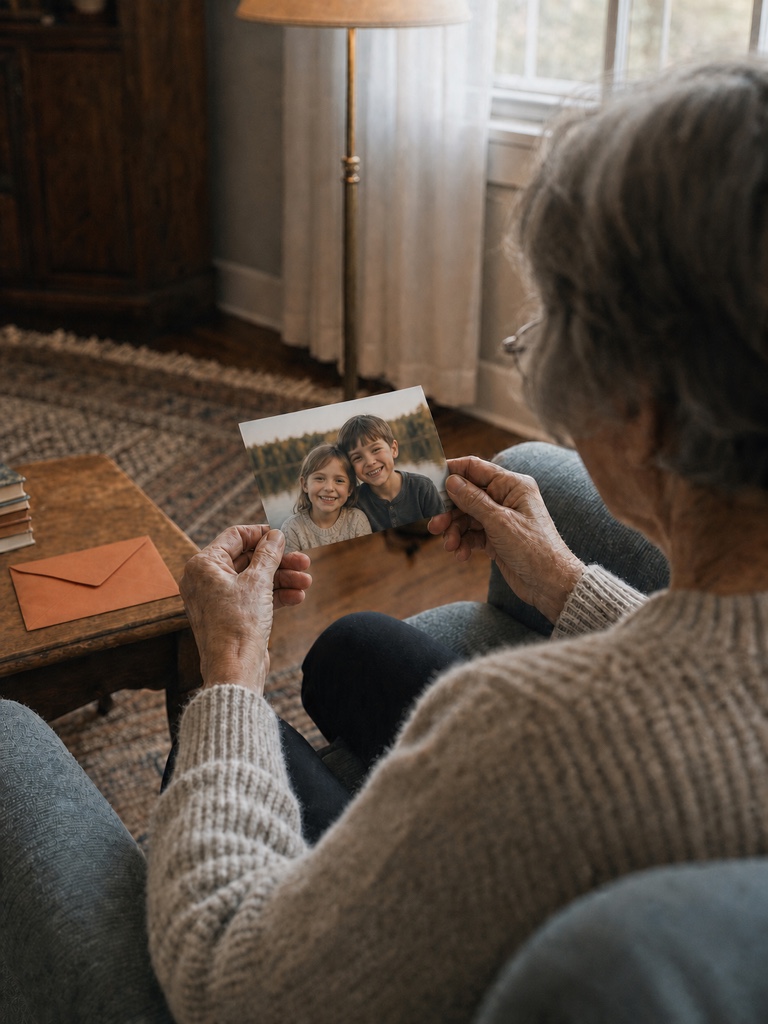 A grandmother holding a family photo at home
